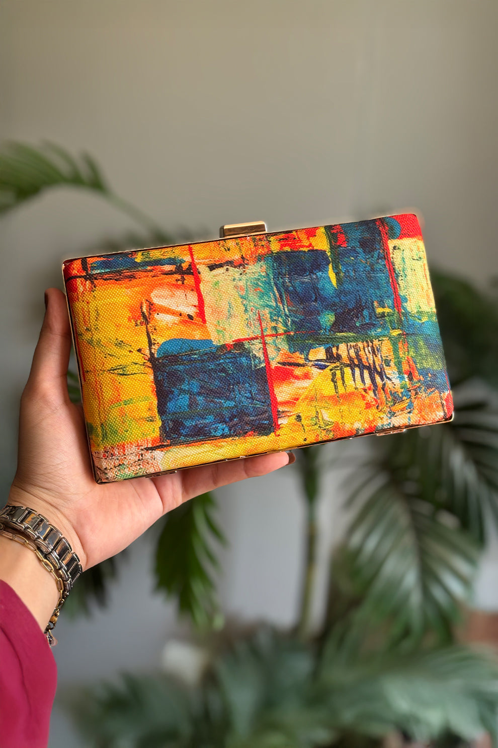 Fineur Picasso Canvas Box Clutch with Detachable Chain