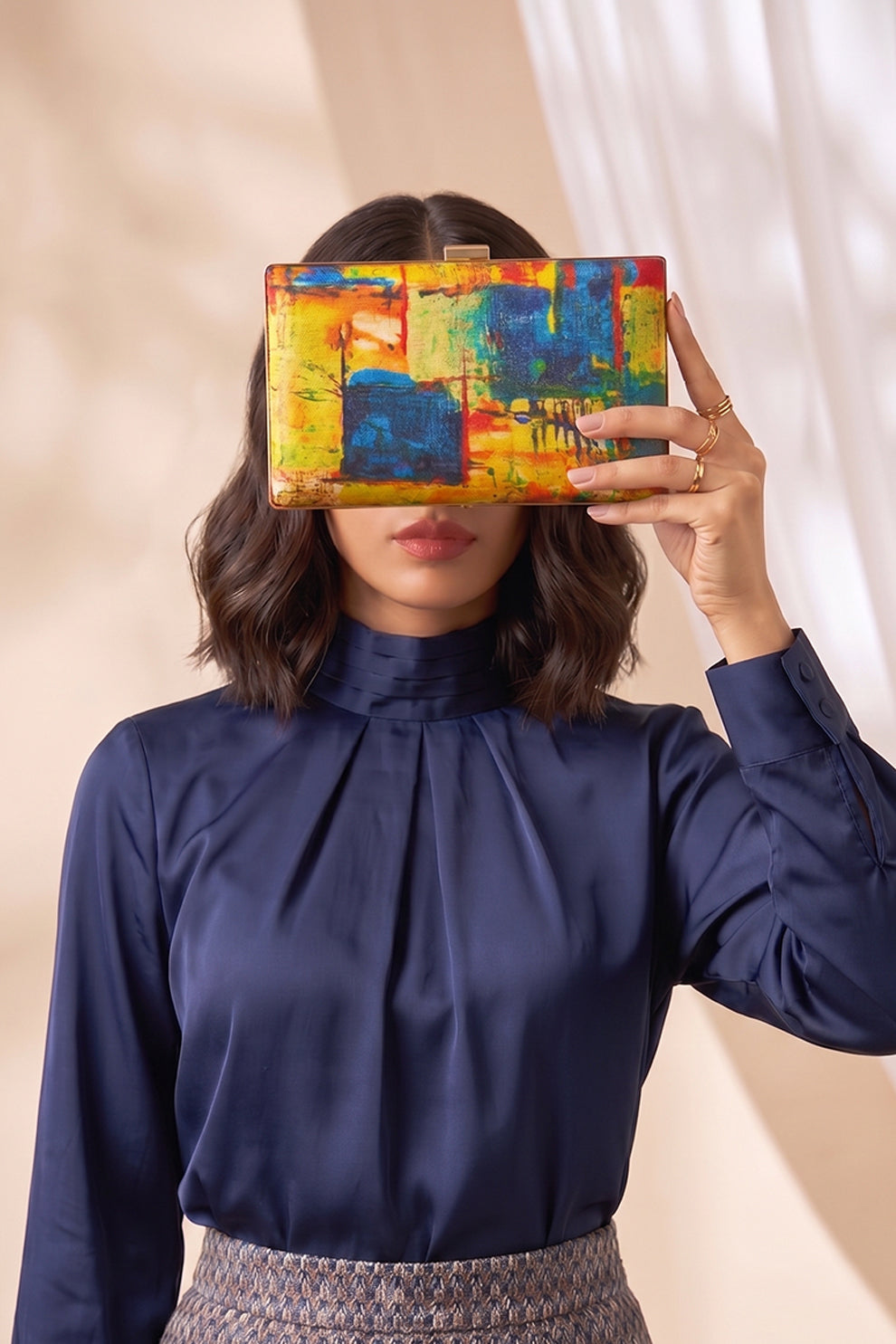 Fineur Picasso Canvas Box Clutch with Detachable Chain