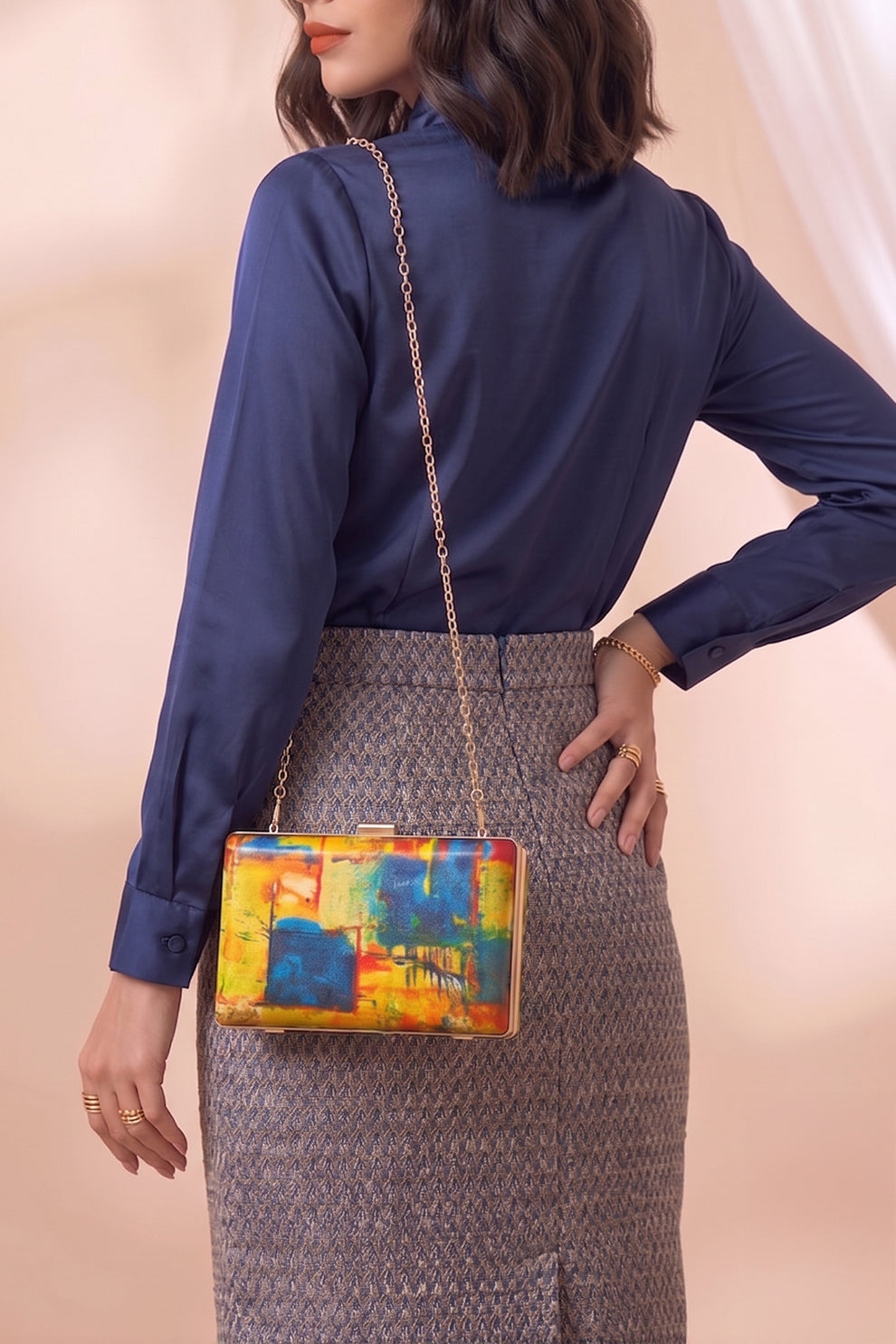 Fineur Picasso Canvas Box Clutch with Detachable Chain