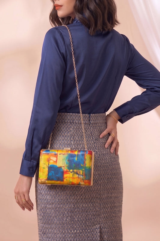 Fineur Picasso Canvas Box Clutch with Detachable Chain