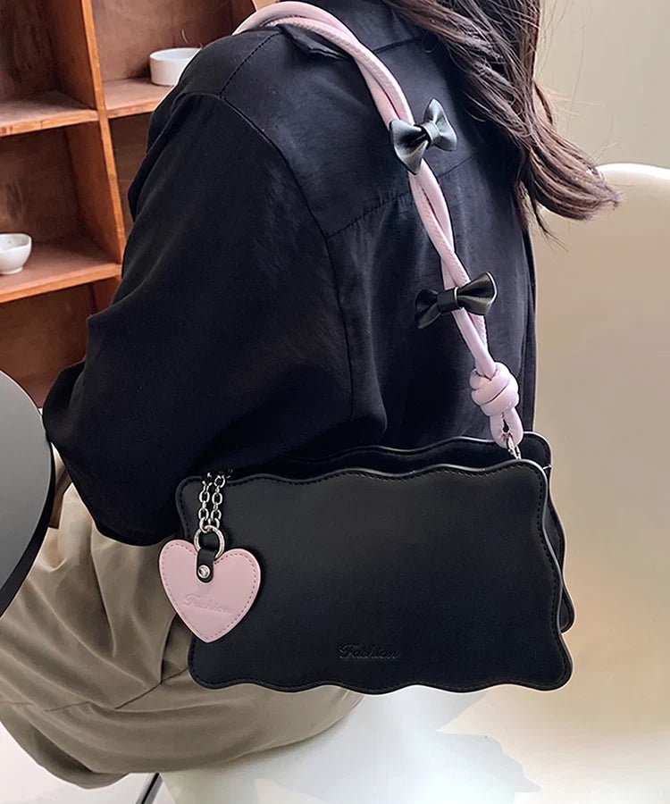 Heart Handbag Black (Lilac Strap, High Quality)