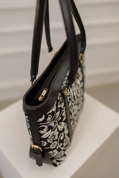 Culture Strap Canvas Tote Bag Black Floral